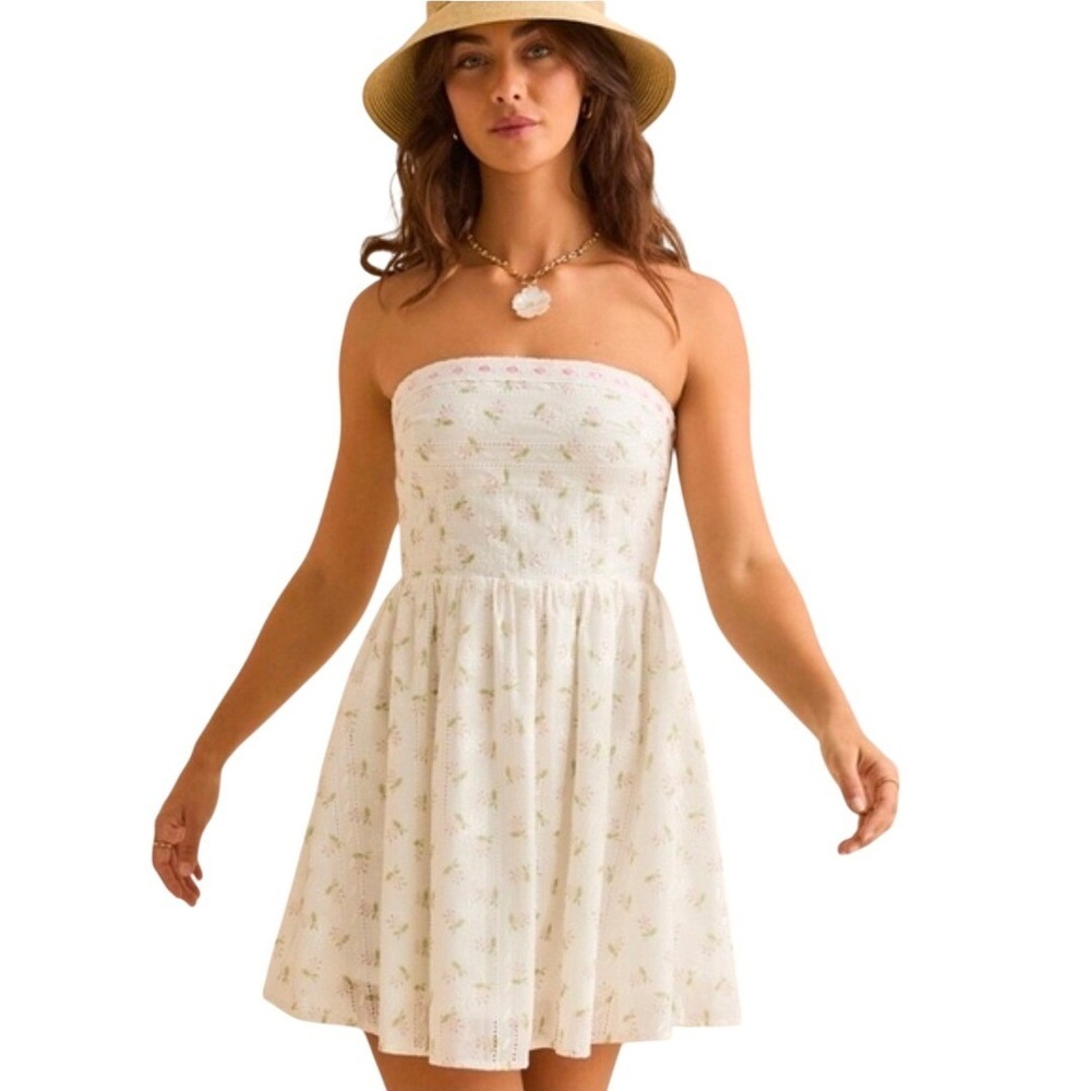 Altar'd State Strapless Dress Womens L White Floral  Eyelet Mini Boho New